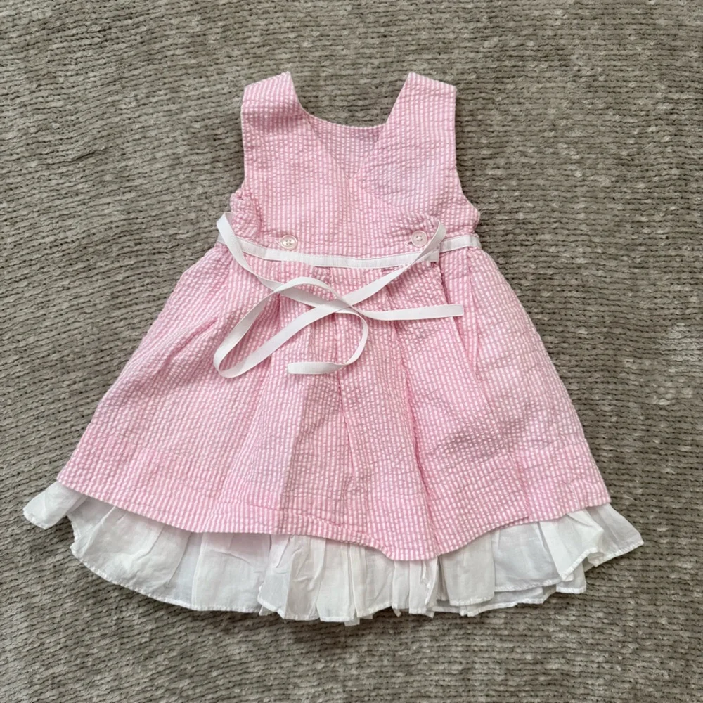 Ralph Lauren‎ Baby Girl Pink Seersucker Dress 9M Ruffle Hem Easter Spring